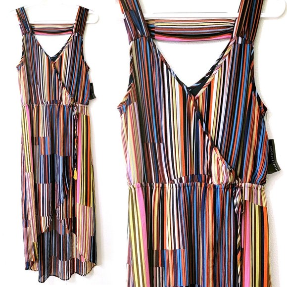 Signature Studio Dresses & Skirts - NWT Multi-Color Stripe Hi-Lo Faux Wrap V-Neck Dress - Sleeveless w/Elastic Waist